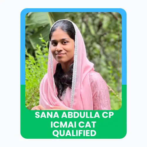A young girl named Sana Abdulla with a text overlay stating ICMAI CAT Qualified.