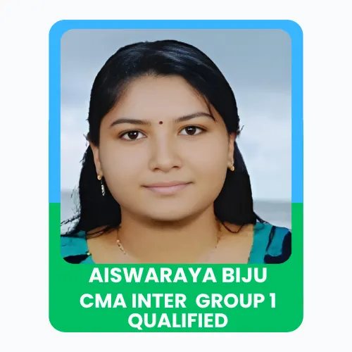 A young woman with a calm expression, wearing traditional attire, with text “ Aiswarya CMA Inter Qualified” displayed below.