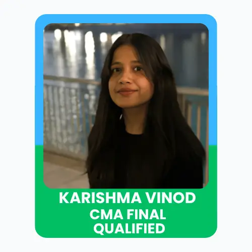 Poster of Karishma Vinod celebrating her achievement of qualifying CMA Final, with a portrait image and green-blue background design.
