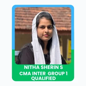 A young Woman sitting outdoors, smiling confidently, with text “Nitha sherin – CMA Inter group 1 Qualified” displayed below.