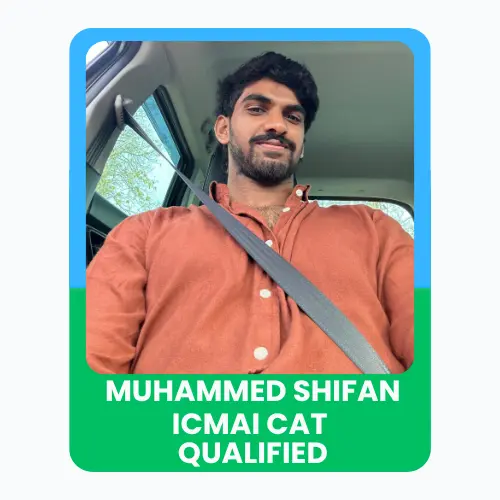 A young man named Muhammed Shifan sitting inside a car, wearing a seatbelt, with a text overlay stating ICMAI CAT Qualified.