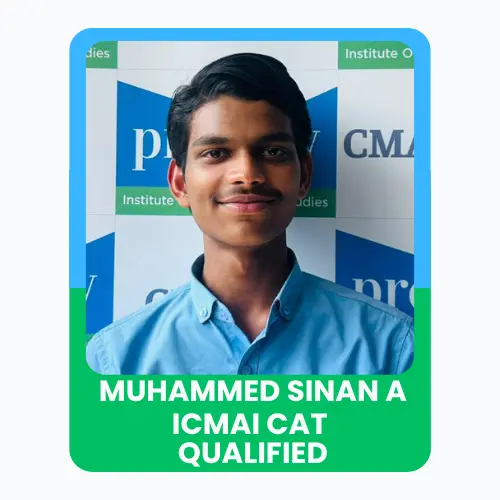 A young man named Muhammed Sinan A smiling in front of an institute backdrop, with text stating ICMAI CAT Qualified.