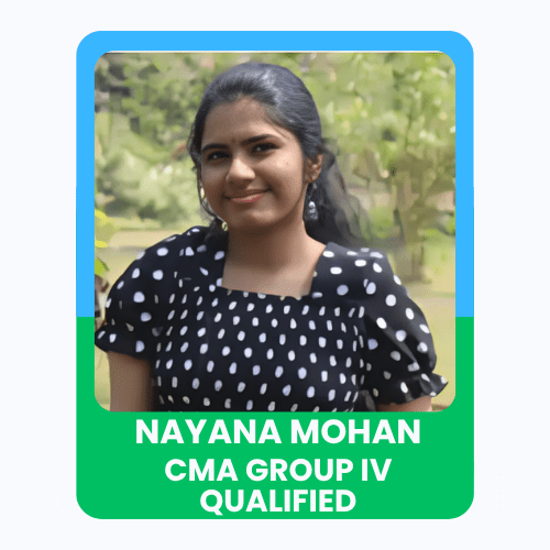 Poster featuring Nayana Mohan smiling outdoors, celebrating her achievement of qualifying CMA Group IV with a green and blue themed design.