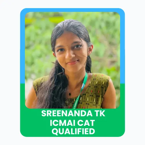 A young girl named sreenanda smiling in front of an institute with text stating ICMAI CAT Qualified.