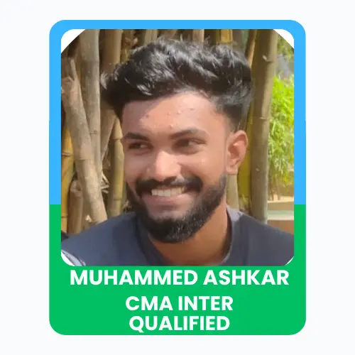 A young man sitting outdoors, smiling confidently, with the text ASHKAR – CMA Inter Qualified” displayed below.