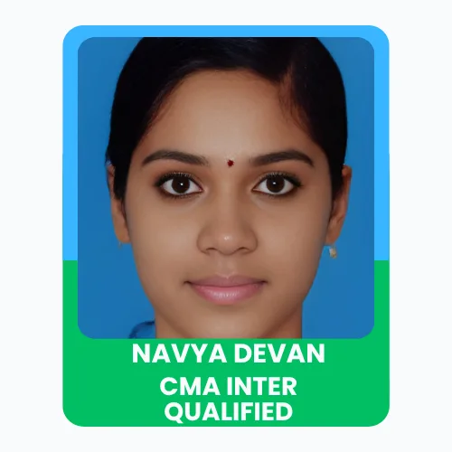 Portrait of Navya Devan celebrating CMA Group IV qualification with a confident expression.