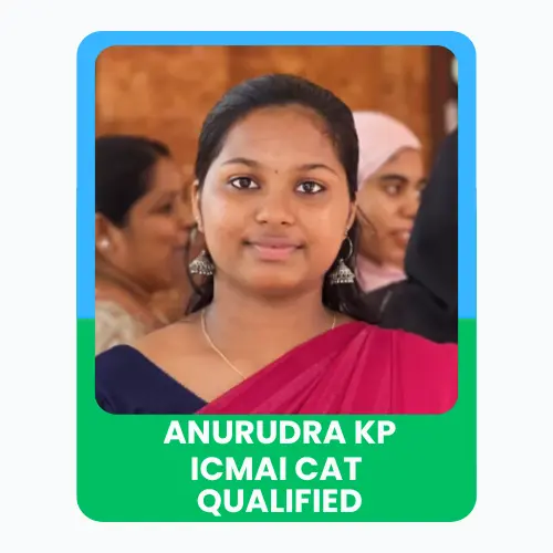 A young girl named Anusmiling in front of an institute with text stating ICMAI CAT Qualified.