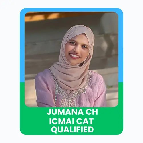 A young girl named Jumana is smiling in front of an institute, with text stating ICMAI CAT Qualified.
