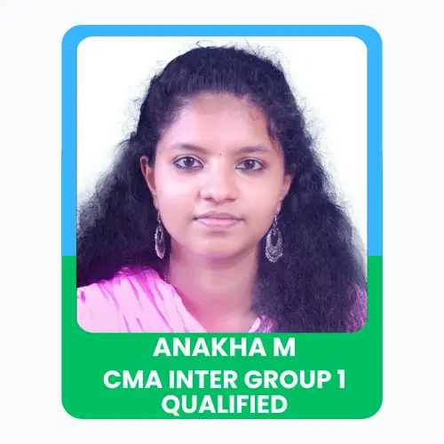 A young woman with a calm expression, wearing traditional attire, with text “Anakha CMA Inter Qualified” displayed below.