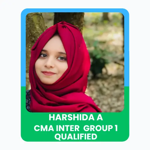 A young Woman sitting outdoors, smiling confidently, with text “Harshida – CMA Inter Qualified” displayed below.