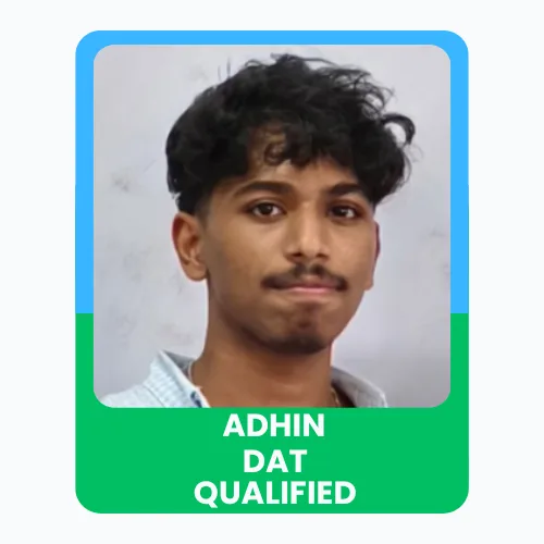 Portrait of Adhin with a “DAT Qualified” achievement banner.
