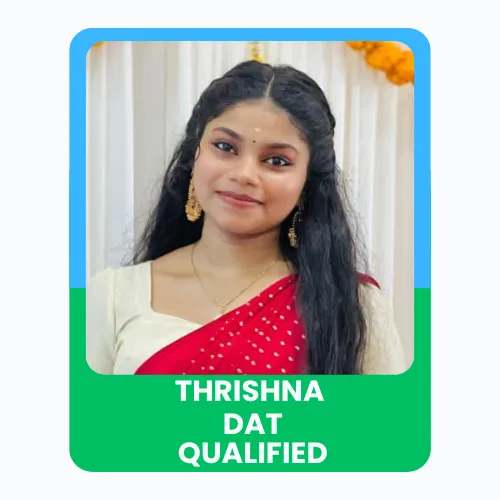 Portrait of Thrishna with a “DAT Qualified” achievement banner.