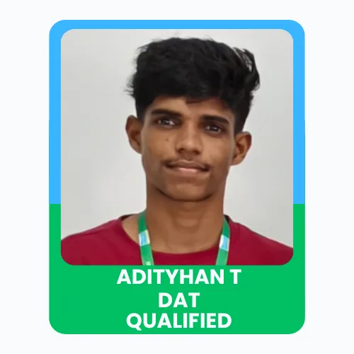 Portrait of Adityhan with a “DAT Qualified” achievement banner.
