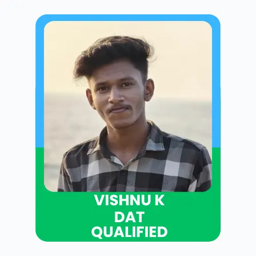 Portrait of Vishnu with a “DAT Qualified” achievement banner
