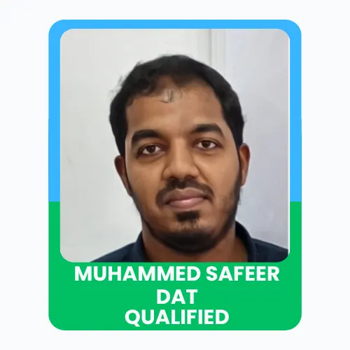Portrait of Safeer with a “DAT Qualified” achievement banner.
