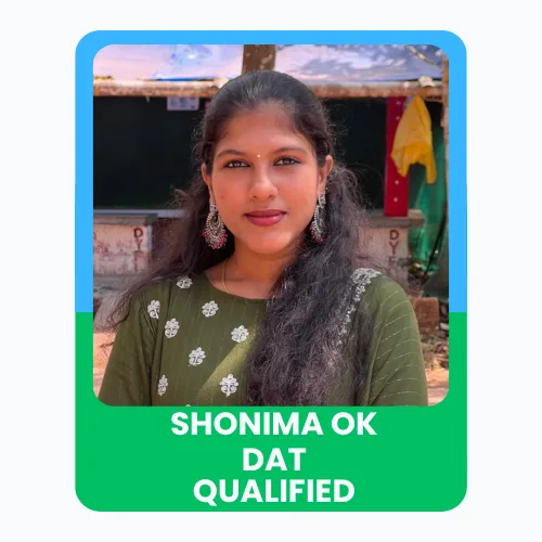 Portrait of Shonima with a “DAT Qualified” achievement banner.