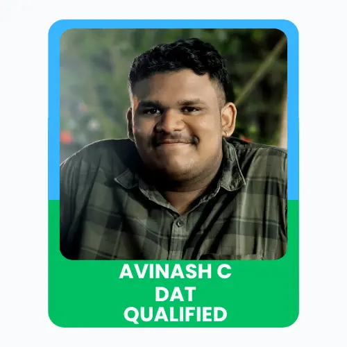 Portrait of Avinash with a “DAT Qualified” achievement banner.