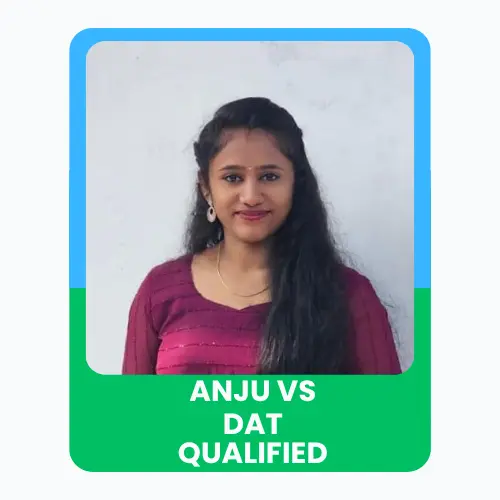 Portrait of Anju with a “DAT Qualified” achievement banner.