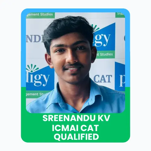 A young man named Sreenandu smiling in front of an institute backdrop, with text stating ICMAI CAT Qualified.