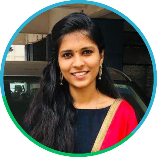 Portrait of a smiling young woman in traditional attire with a confident and approachable look, framed in a circular design.